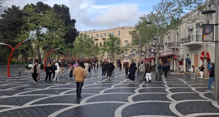 Rue commerçante piétonne avec pavage en carrelage courbe, arbres et de nombreuses personnes flânant