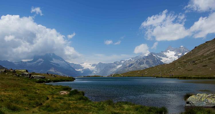 Tranquil alpine lake reflecting cloudy peaks and glaciers in a lush meadow setting.