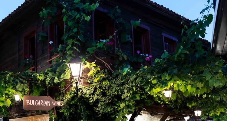 Vue en soirée d'une maison en bois recouverte de vignes vertes avec des lanternes de rue chaleureuses et une enseigne de vin.