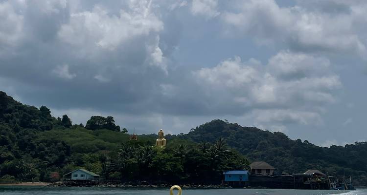 Distant golden Buddha statue on hilltop amid lush forest as seen from water under partly cloudy sky.