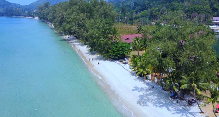 Aerial view of long crescent beach backed by forest and small resort buildings with bathers on shore.