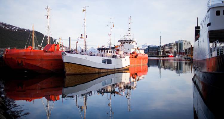 Des bateaux de travail colorés se reflètent parfaitement dans les eaux calmes d'un port du nord.