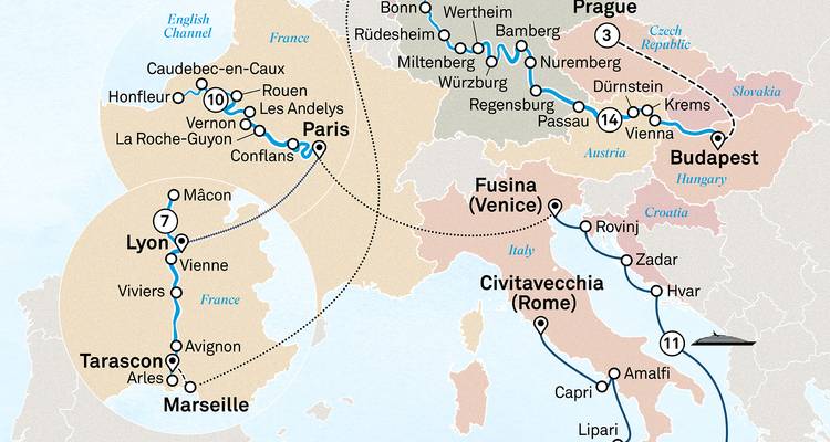 Ingewikkelde kaart van Europese rivier- en cruiseroutes die Parijs, Boedapest, Venetië en andere steden met elkaar verbinden.