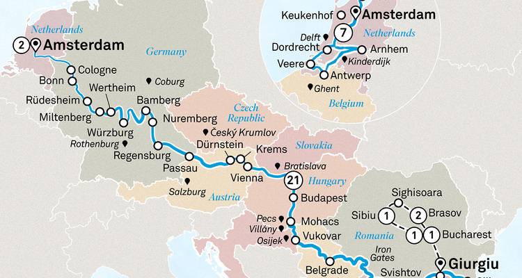 Geïllustreerde routekaart van een Europese riviercroisière-itineraire met steden en verbindingslijnen.
