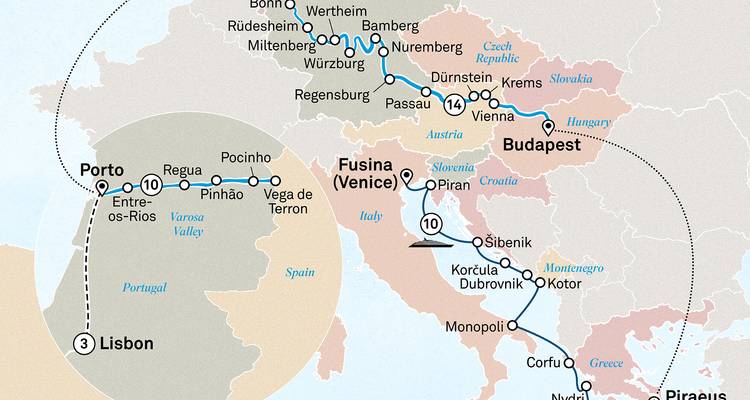 Geïllustreerde kaart met een meerlandenreis door Europa met routes en stadsnamen.
