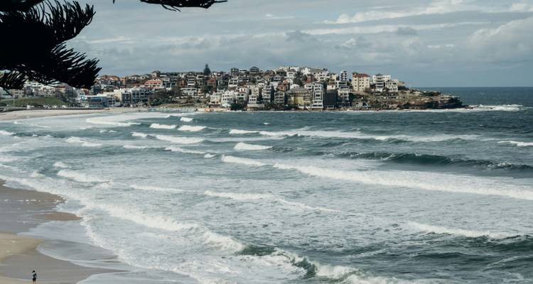 Choppy waves roll toward Bondi Beach with the coastal suburb perched on a rocky headland.