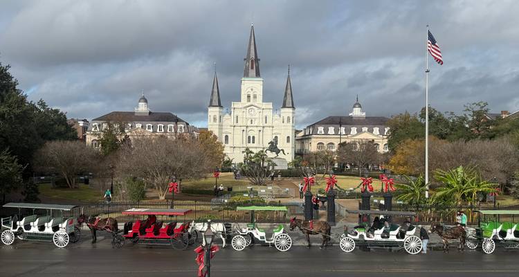 Vue panoramique de Jackson Square avec la cathédrale Saint-Louis et des calèches le matin par temps partiellement nuageux.