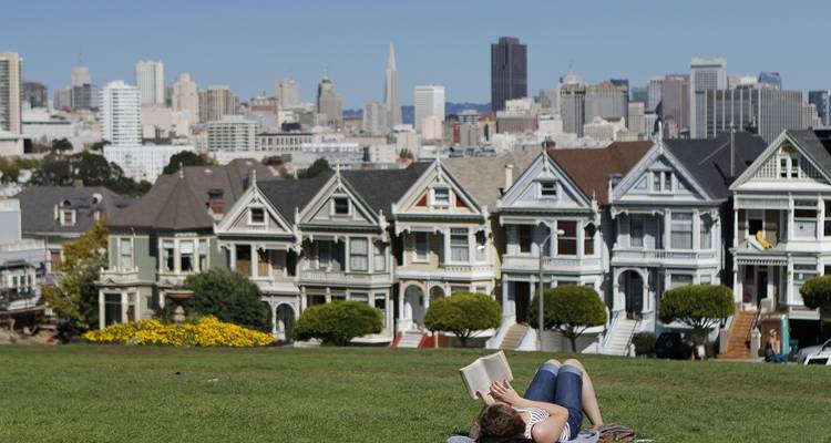 Person reading on grass in front of the famous Painted Ladies with city skyline beyond