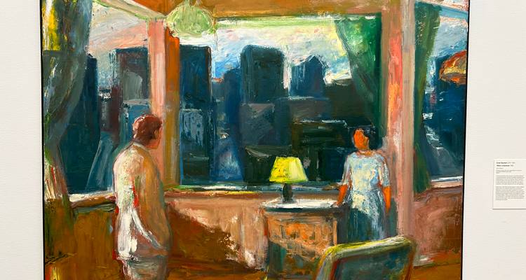 Colorful expressionist painting of two figures and city skyline displayed in gallery