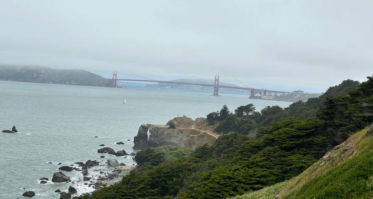 Foggy coastal view with Golden Gate Bridge faintly visible beyond rocky cliffs and forested hills