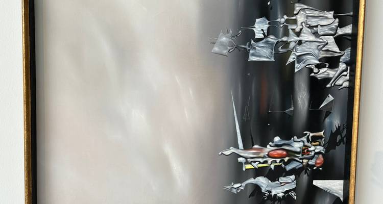Abstract surrealist painting with dark seascape tones displayed on a gallery wall