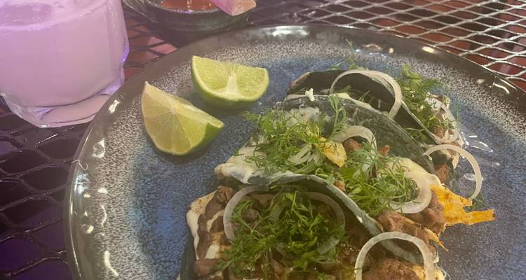 Close-up plate of gourmet tacos with fresh herbs, onions and lime wedges under ambient restaurant lighting