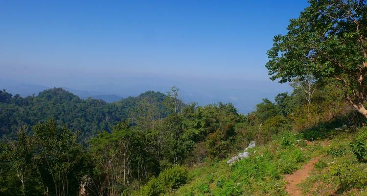 Mountain ridge view with a narrow dirt trail, green trees, and a deep blue sky above distant hazy ranges.