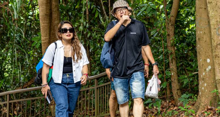 Two tourists walk up a shaded jungle trail with a metal railing amid dense tropical greenery.