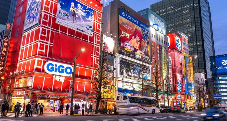 Neonbeleuchtete Gebäude und Anime-Plakate erhellen bei Einbruch der Dunkelheit die Straßen von Akihabara, während darunter Busse und Fußgänger verkehren.