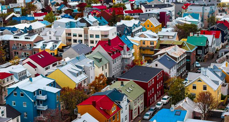 Farbenfrohe Dachlandschaft von Reykjavik aus der Vogelperspektive vor herbstlichem Laubwerk