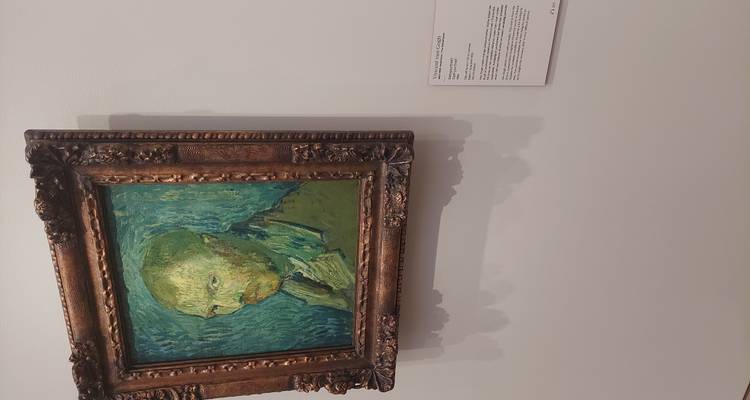 Portrait painting by Vincent van Gogh mounted in an ornate frame on a white gallery wall.