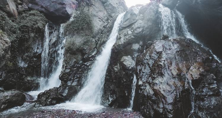 Deux cascades se précipitent sur des rochers sombres dans un bassin peu profond situé dans une gorge étroite.
