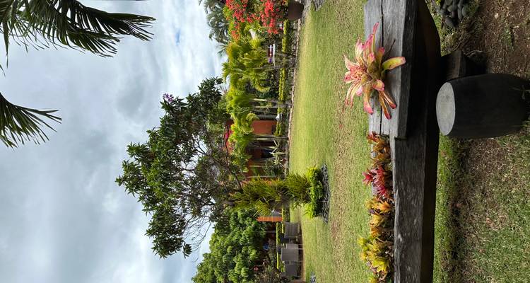 Well-kept tropical garden with a wooden bench, colorful plants, and a villa in the background under cloudy skies.
