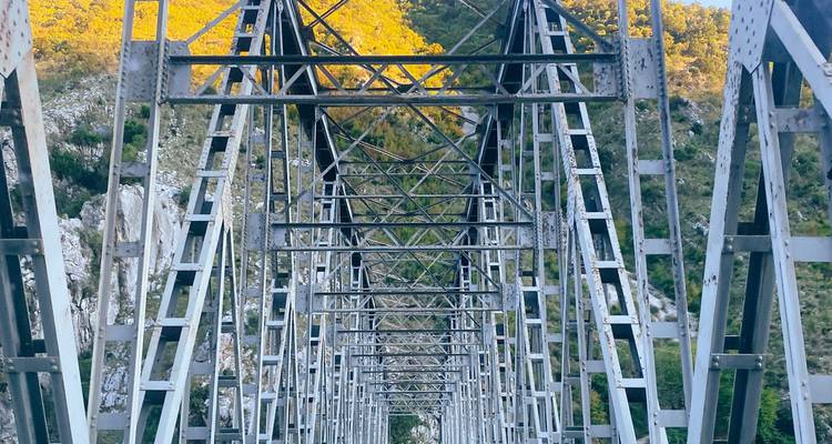 Vue symétrique le long des treillis d'un pont en acier encadré par des collines verdoyantes.