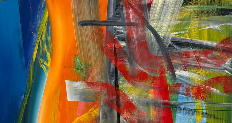 Une œuvre d'art abstraite aux couleurs vives présentant des coups de pinceau amples en rouge, jaune, orange et bleu.