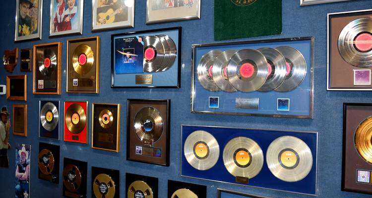 Pared con un mural de varios discos de oro y platino enmarcados sobre un fondo azul.