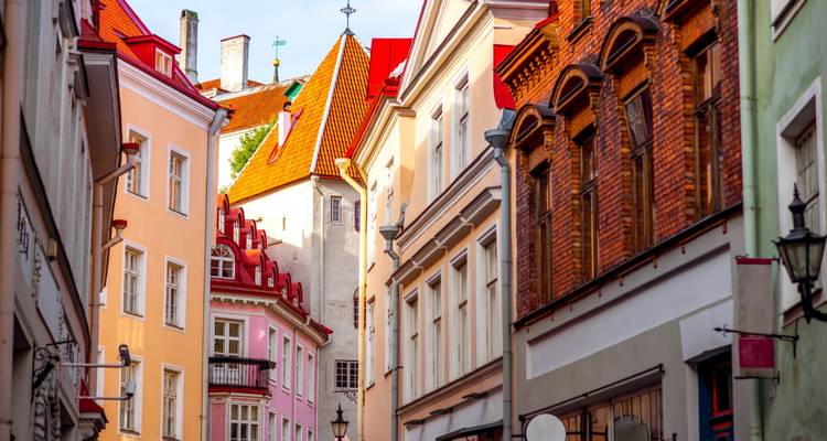 Kleurrijke middeleeuwse straat in de oude stad van Tallinn met pastelkleurige gevels en rode daken.