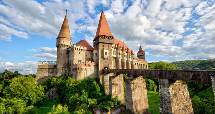Fairytale gothic-renaissance castle with tall red roofs perched above lush forest and stone bridge.