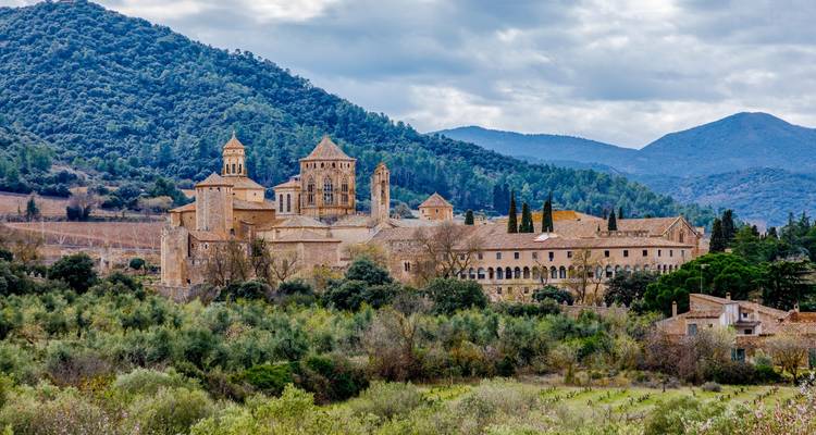 Historic Poblet Monastery nestled among olive groves and rolling hills under a cloudy sky.