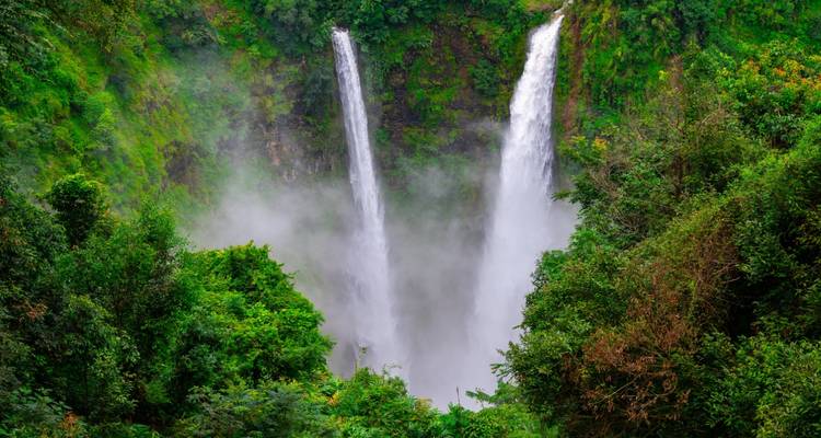 Les puissantes chutes jumelles de Tad Fane se jettent dans un gorge brumeux entouré d'une jungle verte dense près de Pakse