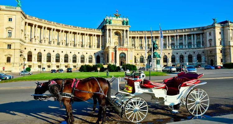 Eine von Pferden gezogene Kutsche wartet vor dem stattlichen Hofburg-Palast in Wien unter einem klaren blauen Himmel.