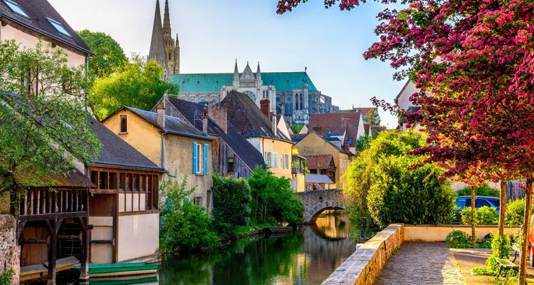 Canal pittoresque bordé de maisons à colombages et d'arbres en fleur avec la cathédrale de Chartres s'élevant en arrière-plan.
