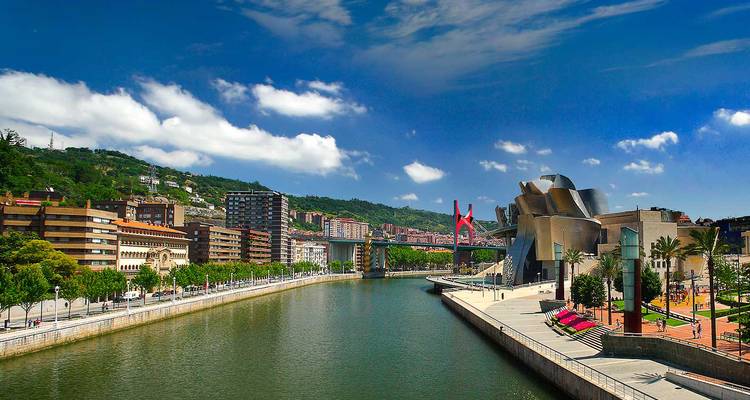 Rivieroever panorama van Bilbao met het bochtige Guggenheim Museum, moderne bruggen en groene heuvels.