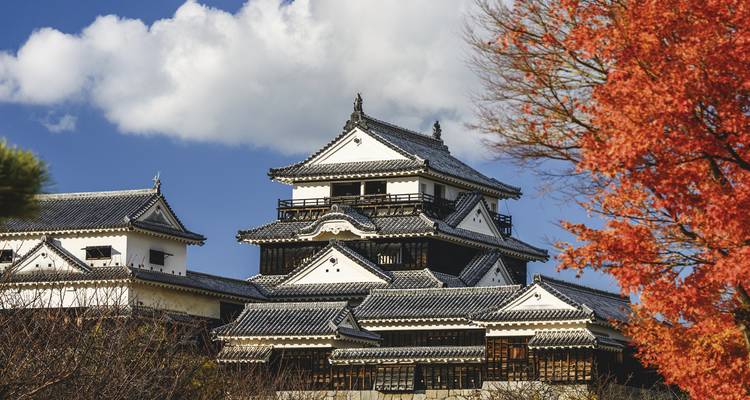 Château japonais traditionnel aux toits ornementés de tuiles encadré par un feuillage automnal vibrant sous un ciel bleu éclatant.