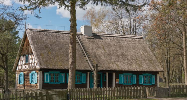 Cabaña de madera tradicional con techo de paja y persianas azules, rodeada de árboles y una cerca de estacas.
