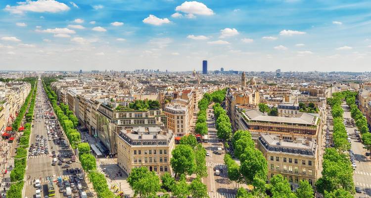 Wide panoramic view over central Paris with a long, tree-lined avenue, classic Haussmann buildings and a bright blue sky studded with clouds.