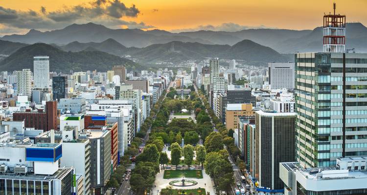 Vista panorámica del horizonte de la ciudad de Sapporo y el Parque Odori dirigiéndose hacia las montañas distantes en la puesta de sol dorada