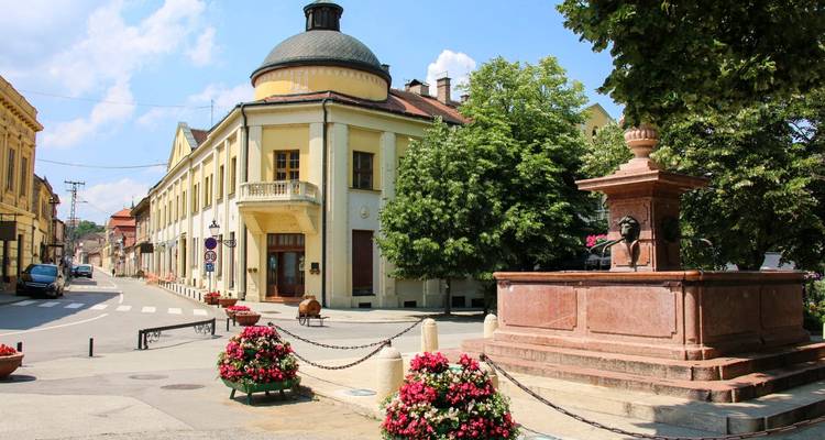 Quiet small-town square with historic yellow buildings, flowers and a bust monument.