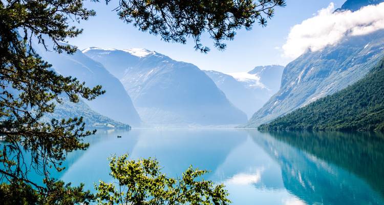 Mirror-still turquoise fjord framed by steep snow-topped mountains and pine trees under clear skies.