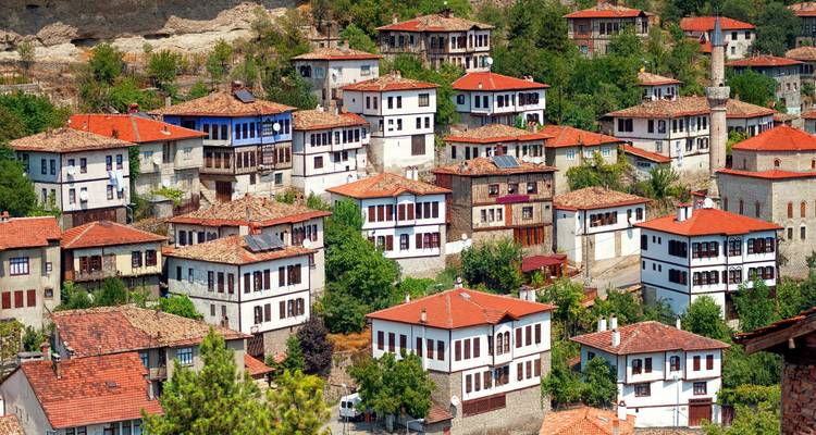 Vue panoramique de la colline de Safranbolu bordée de maisons ottomanes traditionnelles à charpente apparente et de toits rouges entourés de verdure.