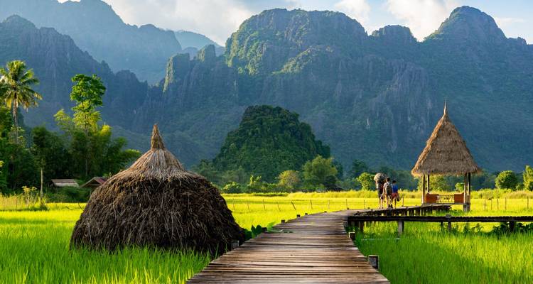 Holzerner Gehweg durch lebhafte grüne Reisfelder in Richtung dramatischer Kalksteinklippen in der Nähe von Vang Vieng.