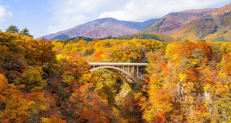 Un pont en arc de pierre enjambe une gorge forestière profonde remplie de couleurs d'automne éclatantes sous les montagnes.