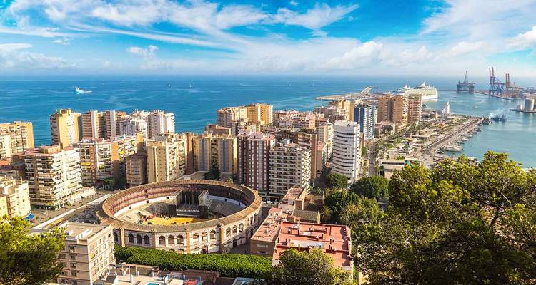 Point de vue élevé surplombant Malaga montrant l'arène circulaire, l'horizon urbain moderne, le port et la mer bleue sous un ciel dégagé.
