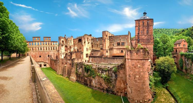 Vista panorámica de las románticas ruinas del Castillo de Heidelberg encaramadas sobre frondosas terrazas verdes.