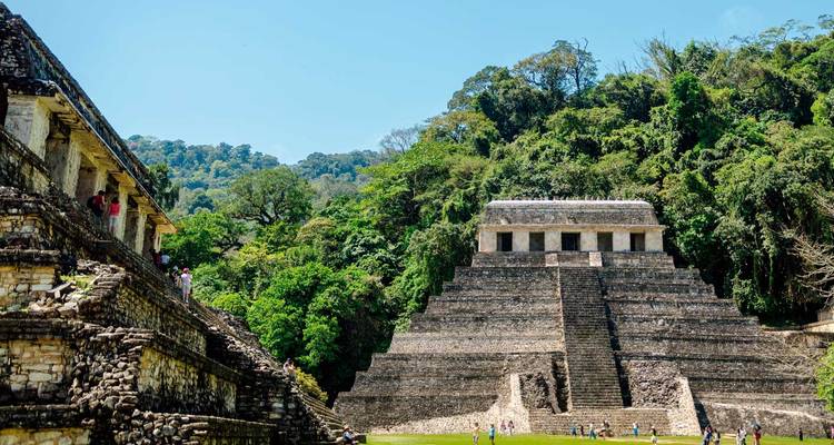 Der üppige Dschungel rahmt den gestuften Tempel der Inschriften in der antiken Maya-Stadt Palenque ein.