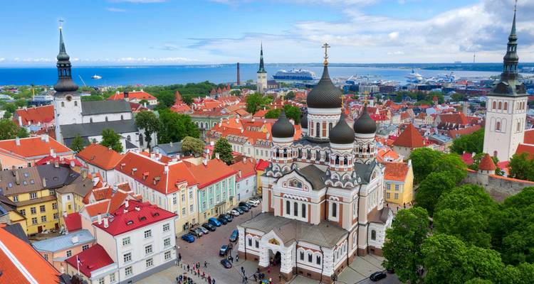 Vue colorée de la Vieille Ville de Tallinn présentant la cathédrale Alexandre Nevski aux dômes en forme d'oignon et les toits rouges s'étendant jusqu'à la mer.