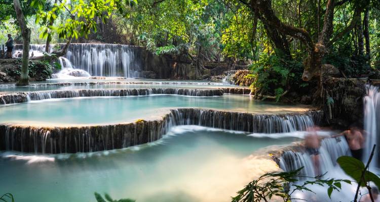 Des bassins turquoise en terrasse et des chutes d'eau en cascade au sein d'une forêt tropicale luxuriante