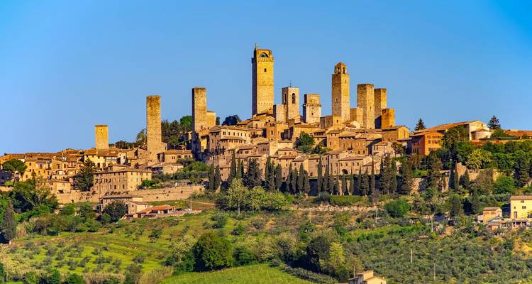 Panorama lointain de la ligne d'horizon de San Gimignano perchée sur une colline, dominée par de hautes tours de pierre médiévales surplombant la campagne toscane verdoyante.