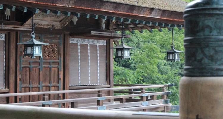 Close-up of a wooden Japanese shrine veranda with hanging lanterns surrounded by lush greenery.