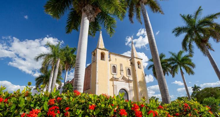 Yellow colonial-era church framed by tall palm trees and bright red flowers under a vivid blue sky.